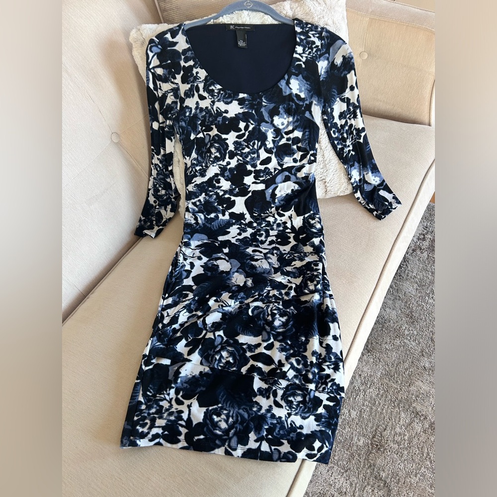 INC International Concepts Navy and White Floral Long Sleeve Dress